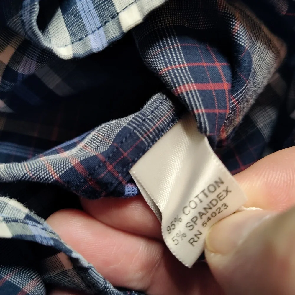 Banana Republic Men Large 16-16.5 Blue Gray Plaid Cotton Blend Button‎ Shirt